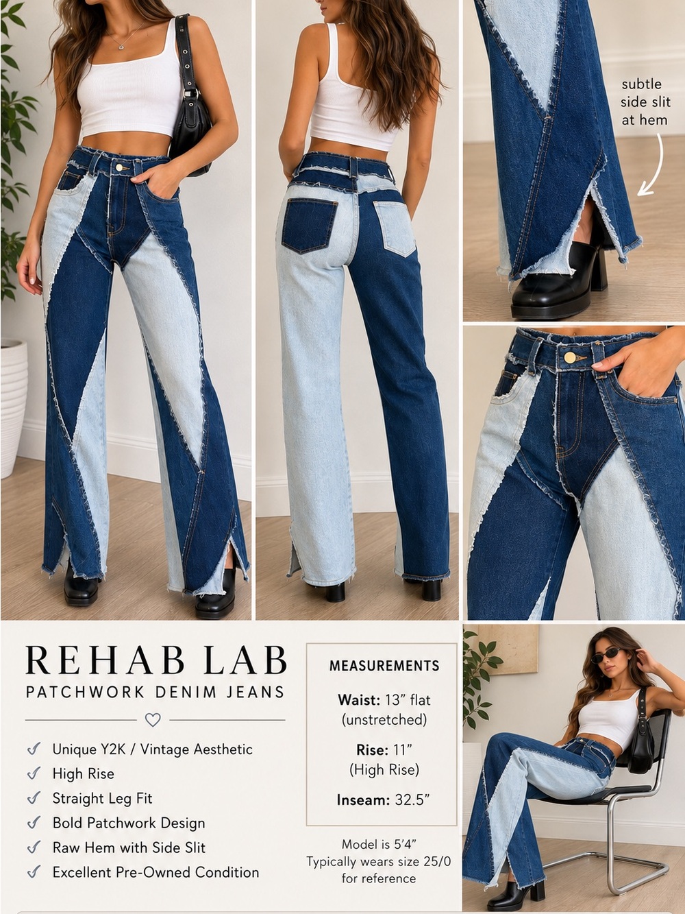REHAB LAB Patchwork Two Tone Flare Jeans S Raw Hem Split Ankle Stretch 26” waist